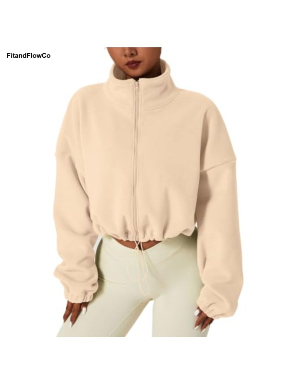 Sherpa Fleece Crop Jacket Full Zip Stand Collar Long Sleeve Winter Coat
